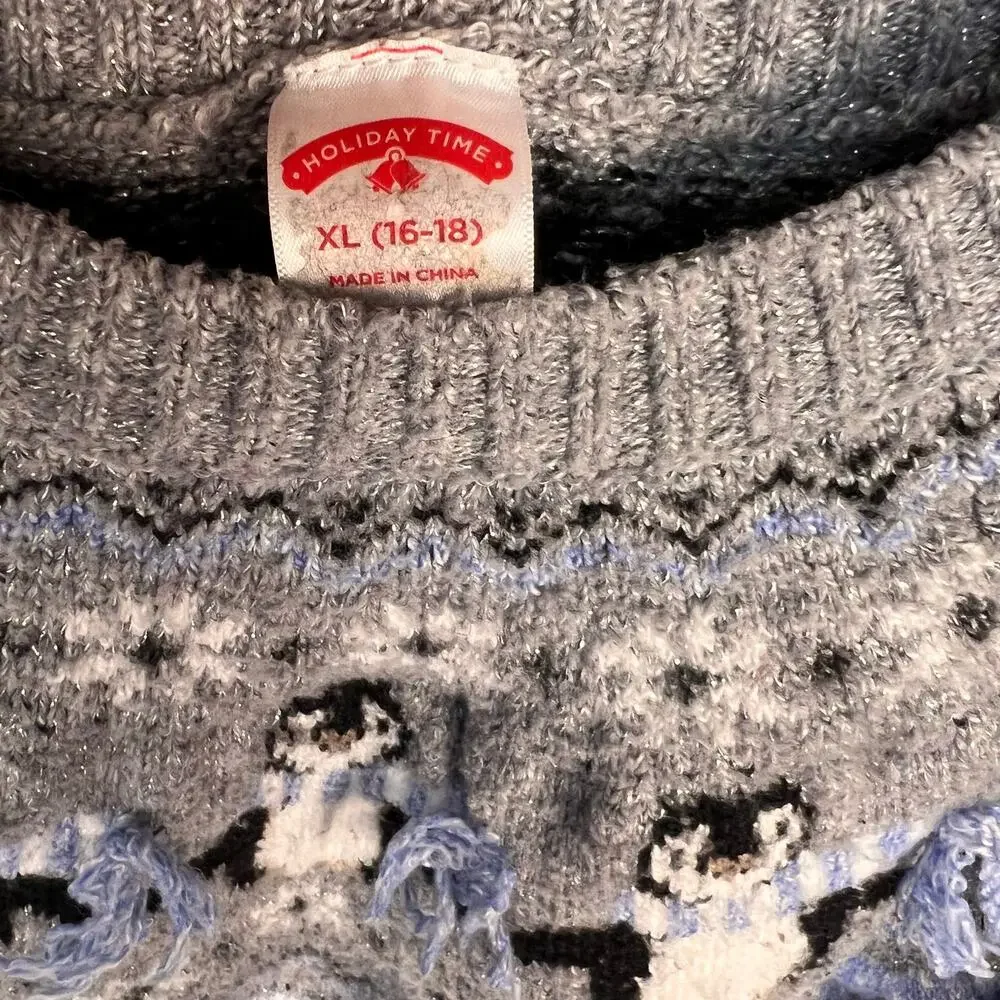 Holiday Time Penguin Fair Isle Sweater XL 16-18 Blue Gray Metallic Winter EUC